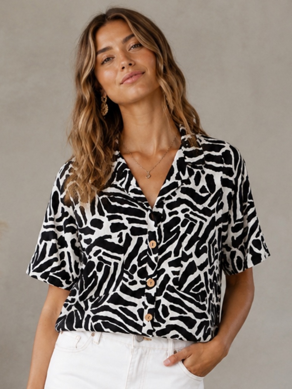 HEROS & DREAMERS Zebra Animal Print Linen Blend Boxy Camp Shirt Sz L EUC